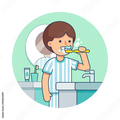 Flat vector icon of brushing teeth character, bathroom routine symbol

