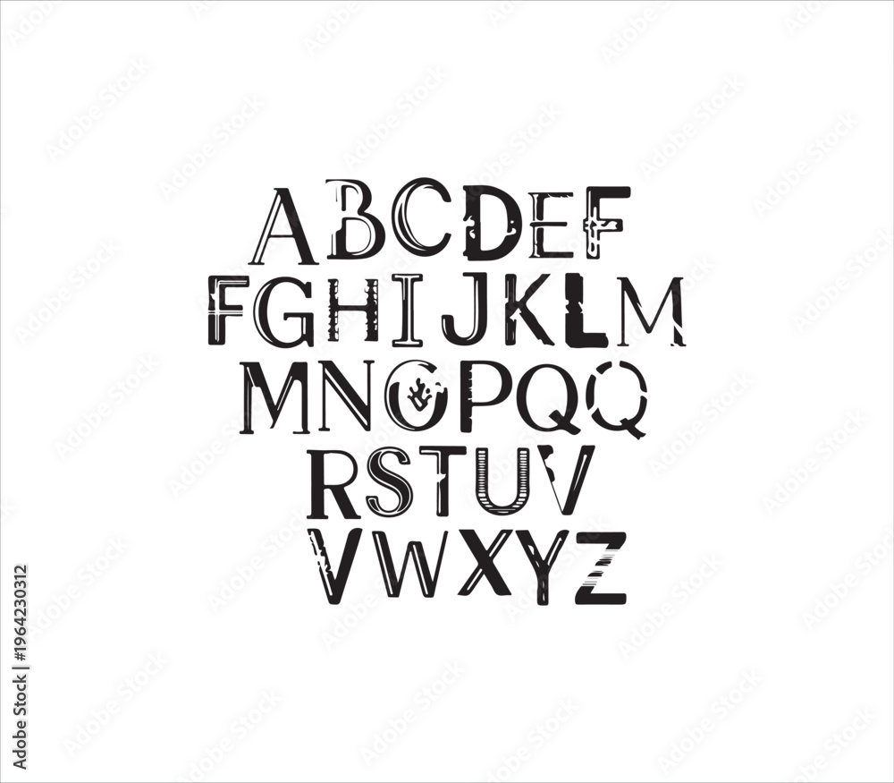 Obraz premium Alphabet letters in a decorative font style on white various characters and symbols