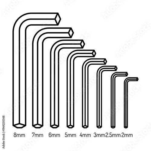 Outline vector icon of hex key (allen wrench) set, arranged layout, precise geometry

