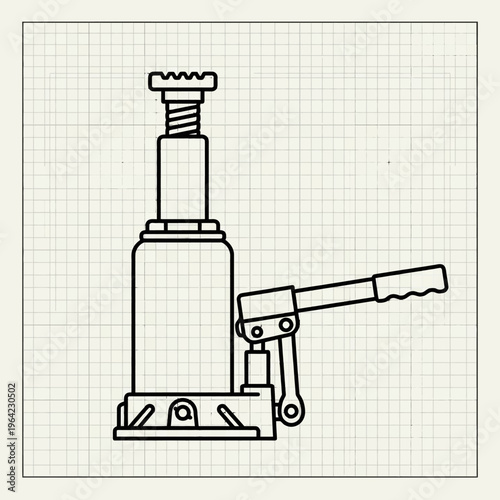 Outline vector icon of hydraulic jack, industrial lifting tool, technical drawing style

