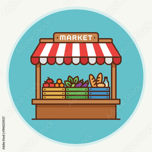 Flat vector icon of market stall with products display, simplified shapes