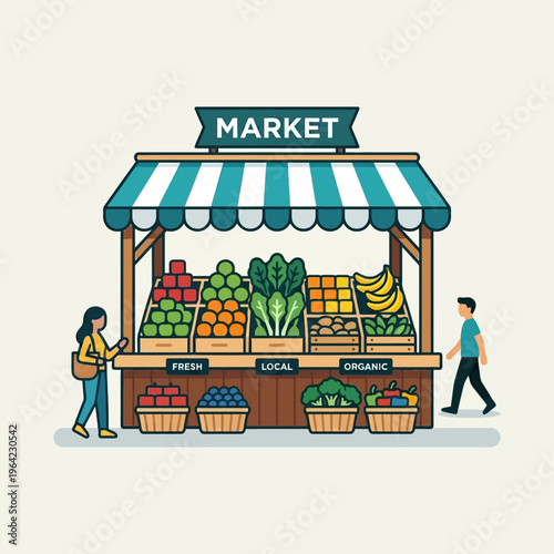 Flat vector icon of market stall with products display, simplified shapes