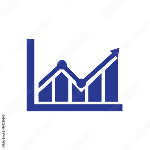 Dark blue bar graph icon represents steady business improvement showing a fluctuating line leading to a substantial peak.