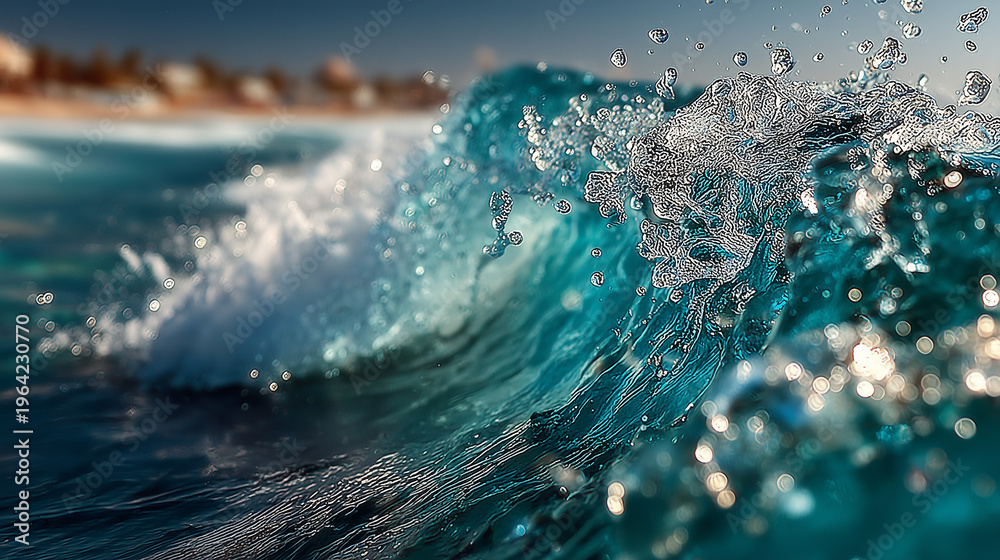 Fototapeta premium clear blue ocean wave close up, water droplets frozen mid motion, high shutter speed look, summer energy.