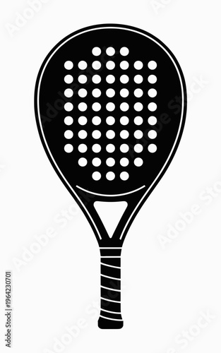 Black and white detailed tennis racket with perforated hitting surface isolated on white background, Vector, illustration