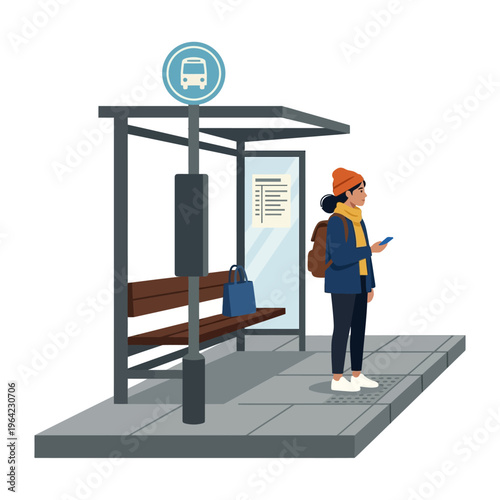 Flat vector illustration of a person waiting at a bus stop, urban daily life scene 