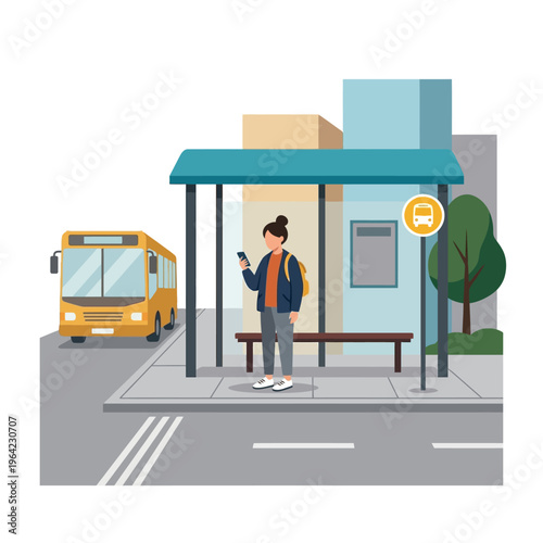 Flat vector illustration of a person waiting at a bus stop, urban daily life scene 