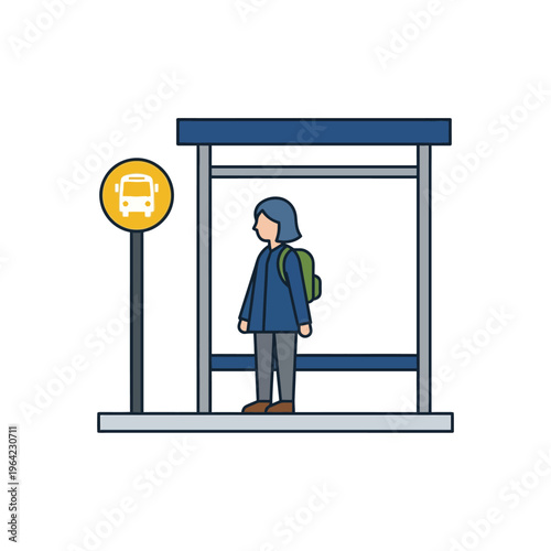Flat vector illustration of a person waiting at a bus stop, urban daily life scene 