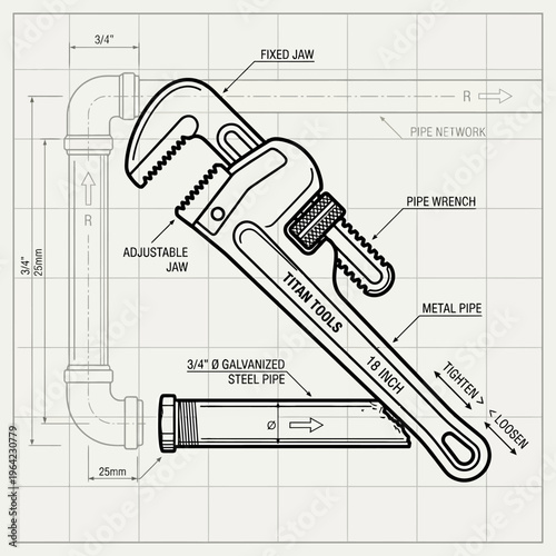 Outline vector icon of pipe wrench gripping metal pipe, technical composition 