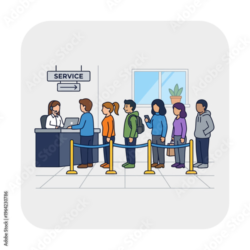 Flat vector icon of queue line with people standing, daily situation