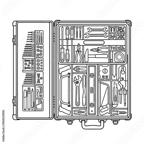 Outline vector icon of toolbox with organized compartments, technical layout view