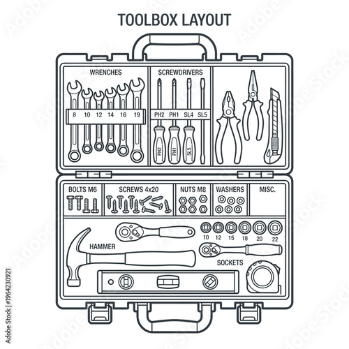 Outline vector icon of toolbox with organized compartments, technical layout view