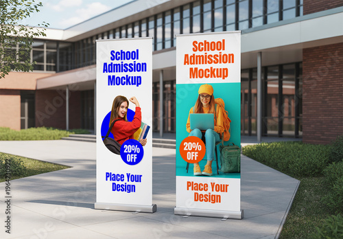 School Admission Roll Up Banner Mockup in Front of Campus Building