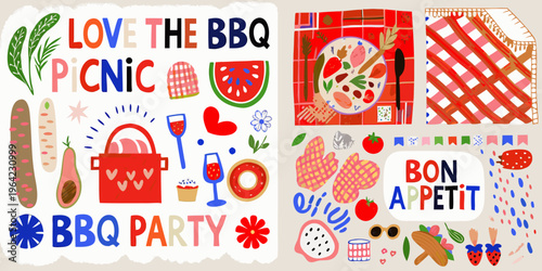 Colorful illustration featuring picnic and barbecue themed food and decorations
