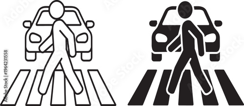 Pedestrian crossing street in front of car outline and solid black street crossing