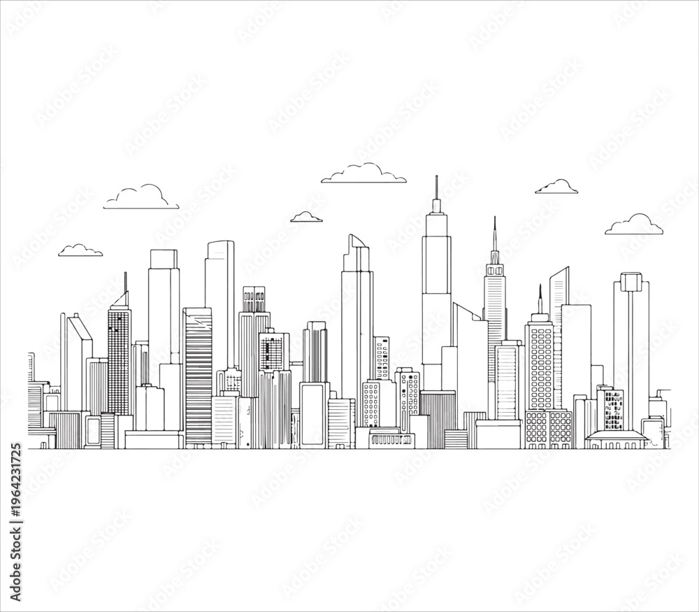 Obraz premium City skyline with skyscrapers and clouds in a simple line drawing style urban landscape