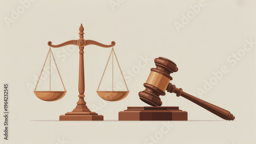 Wooden gavel and scales of justice on beige background symbolizing law and order fairness and justice system