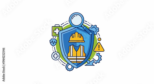 Protective shield with hard hat, vest, medical symbols, and caution sign