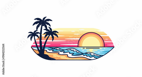 Pixelated sunset over ocean with palm trees on a tropical beach