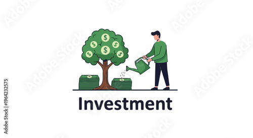 Person watering money tree with stacks of cash on ground