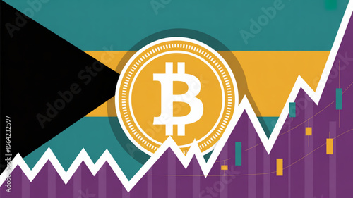 Bahamian flag background with bitcoin symbol and fluctuating market graph