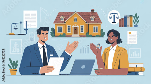 Real estate agent and client discussing house purchase with documents and laptop on desk in office