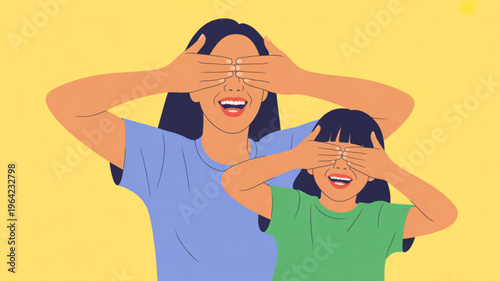 Mother and daughter covering their eyes with hands smiling on yellow background playful gesture