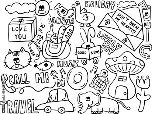 Cute hand drawn vector outlines of LOVE YOU gift box, sun and cloud, banana, duck, DON'T BREAK MY HEART letter in an envelope, mushroom house, CD, bread loaf, apple juice and water bottle in bag
