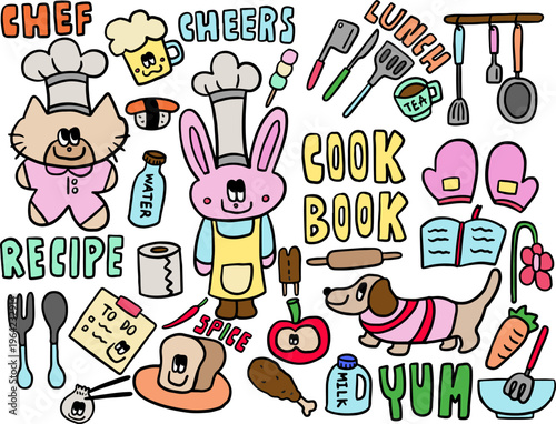 Cute hand drawn vector illustrations of cat and bunny wearing chef hat, beer glass, sushi, tissue paper, knife, frying pan, spatula, spoon and fork, bread, fried chicken, puppy, rolling pin, cook book