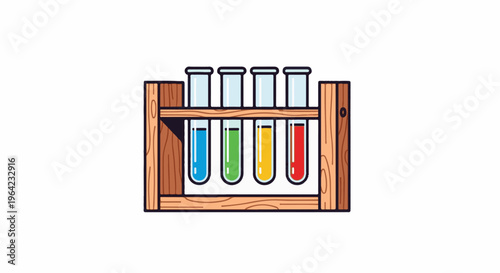 Five colorful liquids in test tubes on a wooden stand