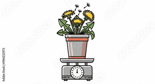 Dandelions in a pot on a scale with seeds blowing away