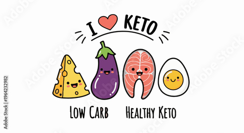 Cute keto diet food illustrations cheese, eggplant, salmon, egg