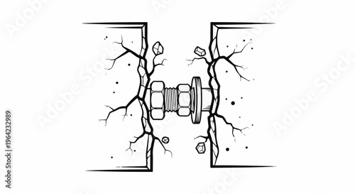 Cracked concrete secured with a bolt and nut