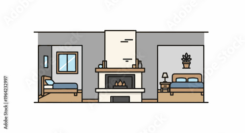 Cozy interior with two beds and a central fireplace