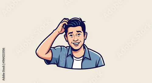 Cartoon man scratching head in thought, with a curious expression