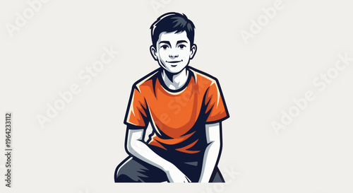 Cartoon boy in orange t-shirt and dark pants, crouched down