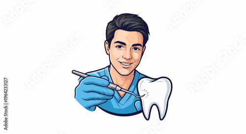 Cartoon dentist examining a tooth with a dental tool