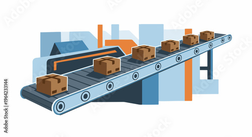 Cardboard boxes move along an inclined conveyor belt in a factory