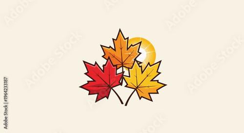 Autumn leaves in warm colors with a radiating sun