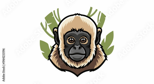 Adorable primate with tan fur and dark face, surrounded by green leaves