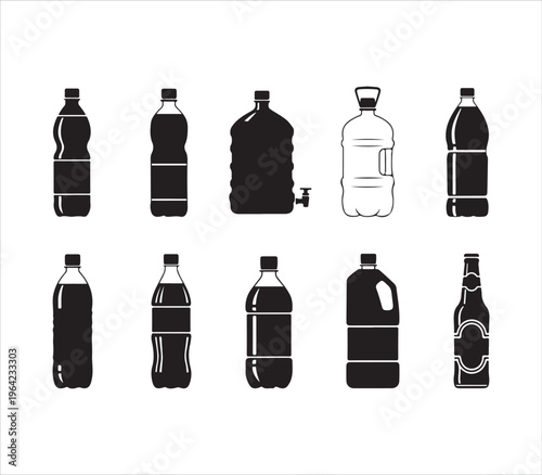 Collection of various plastic and glass bottles for drinks and liquids