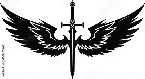 Photos Black silhouette of a medieval longsword with majestic spread eagle wings, fantasy warrior emblem, heroic knight crest, heraldic military sword icon
