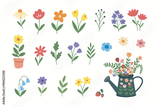 Spring and summer abstract hand drawnflowers, leaves, potted plant and watering can bouquet. Hand drawn vector collection ideal for spring cards, nursery decor, packaging, invitations.