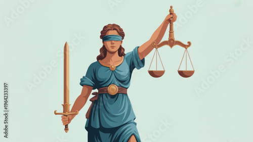 Justitia holds scales of justice and sword symbolizing fairness and law blindfolded female figure in blue toga