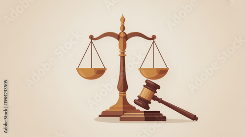 Law scale and gavel on beige background symbolizing justice and legal system courtroom tools