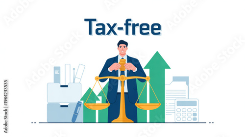 Businessman balancing scales with tax free documents and office supplies on white background