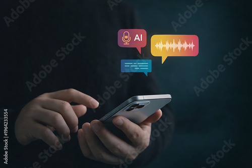 Person interacting with phone featuring AI chat icons floating above