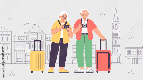 Senior couple on vacation with luggage and cameras exploring city landmarks