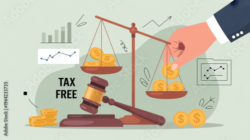 Tax free concept with scales gavel and coins representing financial balance and justice in law