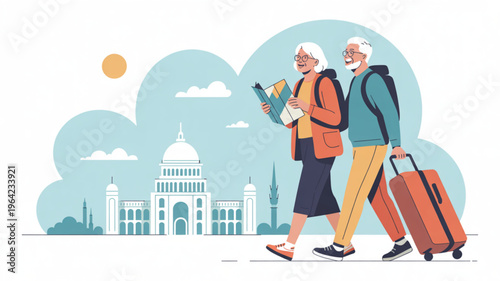 Elderly couple walking with luggage and map in front of landmark building on sunny day